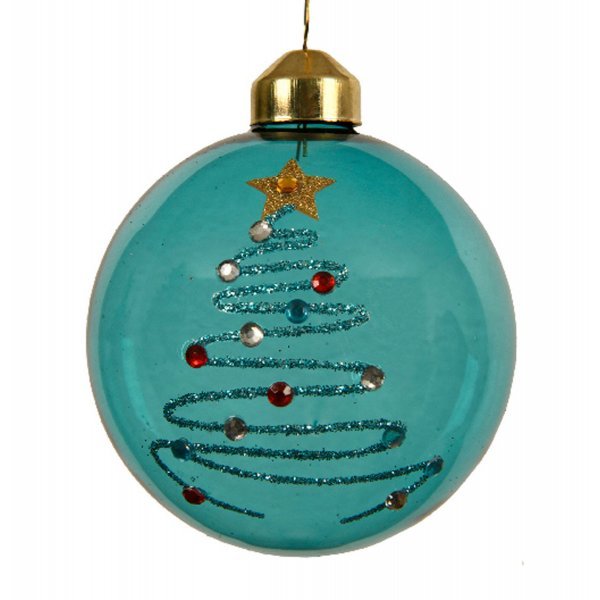 Χριστουγεννιάτικη Γυάλινη Μπάλα Γαλάζια με Δεντράκι (8cm)
